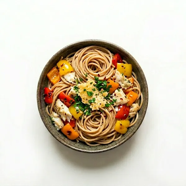 Fish and Bell pepper Medley with Whole Wheat Spaghetti